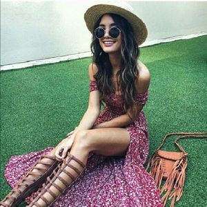 Off shoulder red floral maxi dress